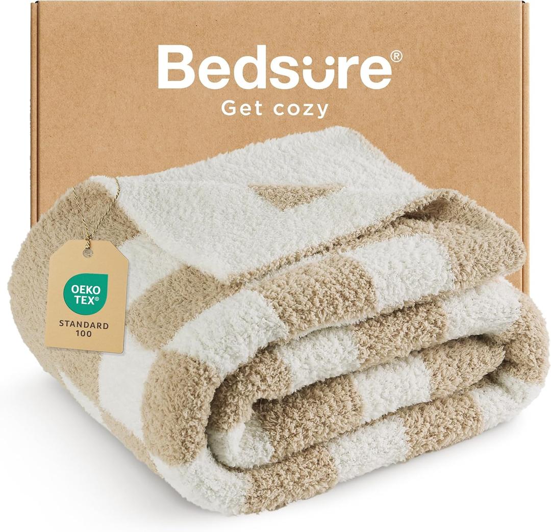 Bedsure Checkered Throw Blanket for Couch - Super Soft, Cozy & Warm Knit Blanket, Breathable, Lightweight & Fluffy for Bed & Sofa, Checkered Beige, 50x60 Inches (Throw (50" x 60"), 01 - Checkered Beige)