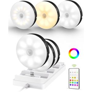 EZVALO Under Cabinet Lighting with Charging Station, 1000mAh Rechargeable Puck Lights with Remote, 3 Color Temps & 12 RGB Closet Lights, Dimmable Motion Sensor Lights for Shelf, Kitchen (6 Packs)