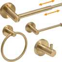 BESy 4 Piece Bathroom Accessories Set (Adjustable 16 to 26 Inch Towel Bar, Towel Ring, Toilet Paper Holder, Towel Hook), Wall Mounted Bath Hardware Accessory Fixtures Set, Stainless Steel/Brushed Gold
