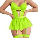 Lilosy Sexy Stocking Rhinestones Heart Garter Underwire Floral Mesh lace Sheer Babydoll Lingerie Teddy Bodysuit Skirt Set (Green, XL)