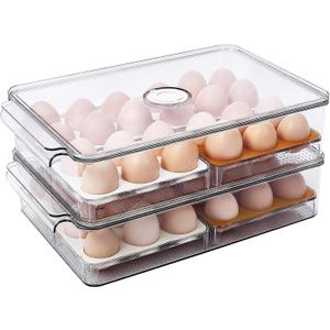 FreshKeeper Stackable Egg Holder for Fridge with Time Scale on Lid, Plastic Egg Organizer, Egg Container for Refrigerator 24 Slots (2PACK)