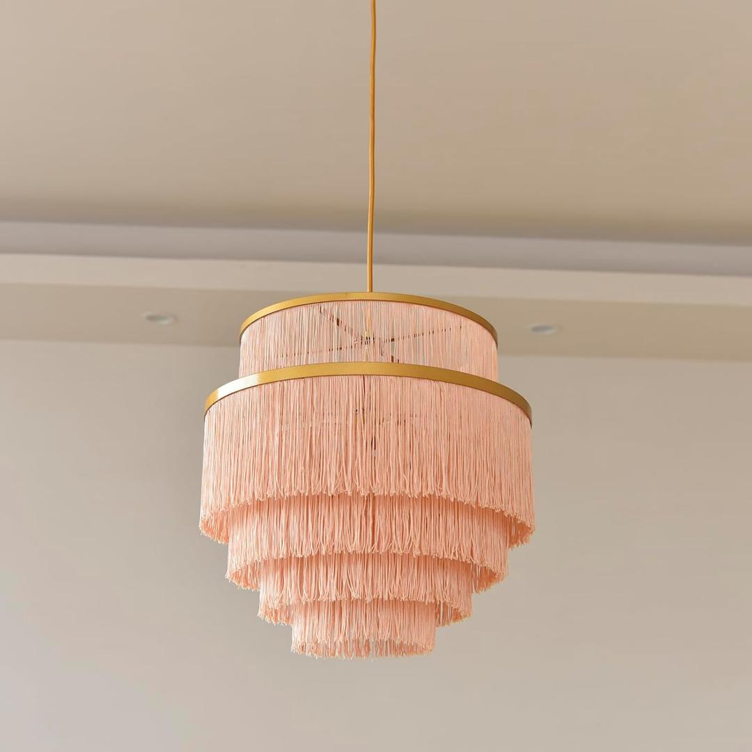 5-Tiered Boho Chandelier Gold,3 Lights Pink Fringe Pendant Light Fixture,Tassel Chandelier for entryway,Dining Room,Baby Nursery,Bedroom