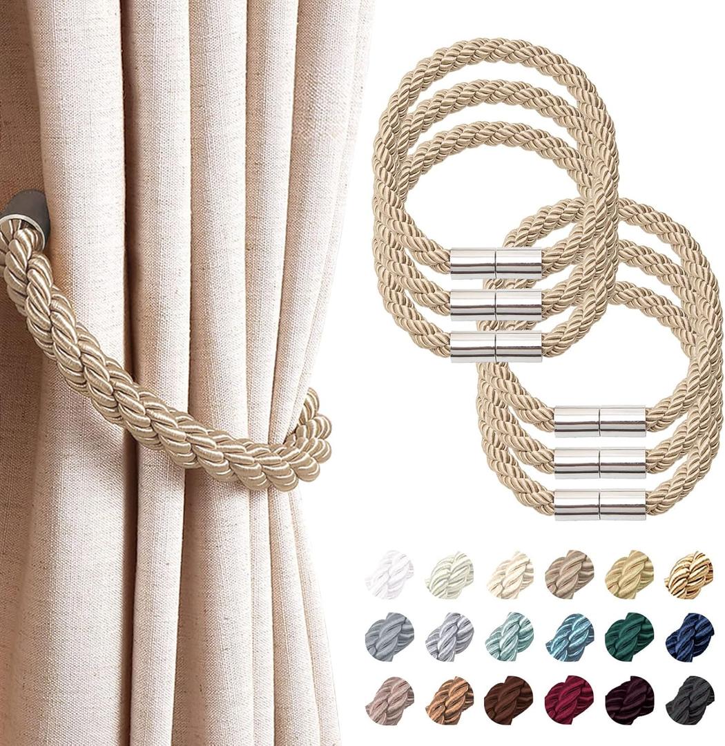 NICEEC 6 Pack Strong Magnetic Curtain Tiebacks Modern Simple Style Drape Tie Backs Convenient Decorative Weave Rope Curtain Holdbacks for Thin or Thick Home & Office Window Draperies (Khaki)