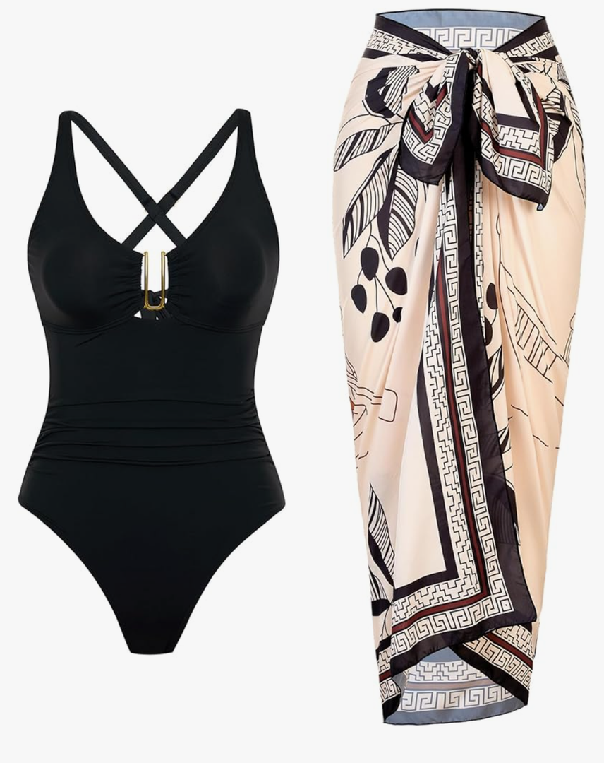 One Piece Swimsuit Women with Cover Up Set Retro Bathing Suit for Women Tummy Control Beach Wrap Skirt XXL