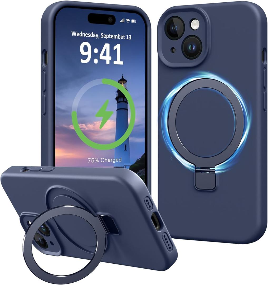 Compatible with iPhone 15 Plus Case Stand, Full Camera Protection Slim Liquid Silicone Phone Cases Fit for iPhone 15 Plus 6.7" Compatible with MagSafe Magnetic Ring Kickstand Case, Dark Blue