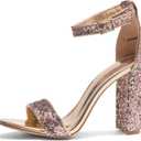Herstyle Womens Chunky Block Heels  Open Toe Ankle Strap Sandals, 3.75 Inch High Heels for Wedding, Party & Dressy Occasions  Comfortable Strappy Dress Shoes (6, Rosegoldglitter)