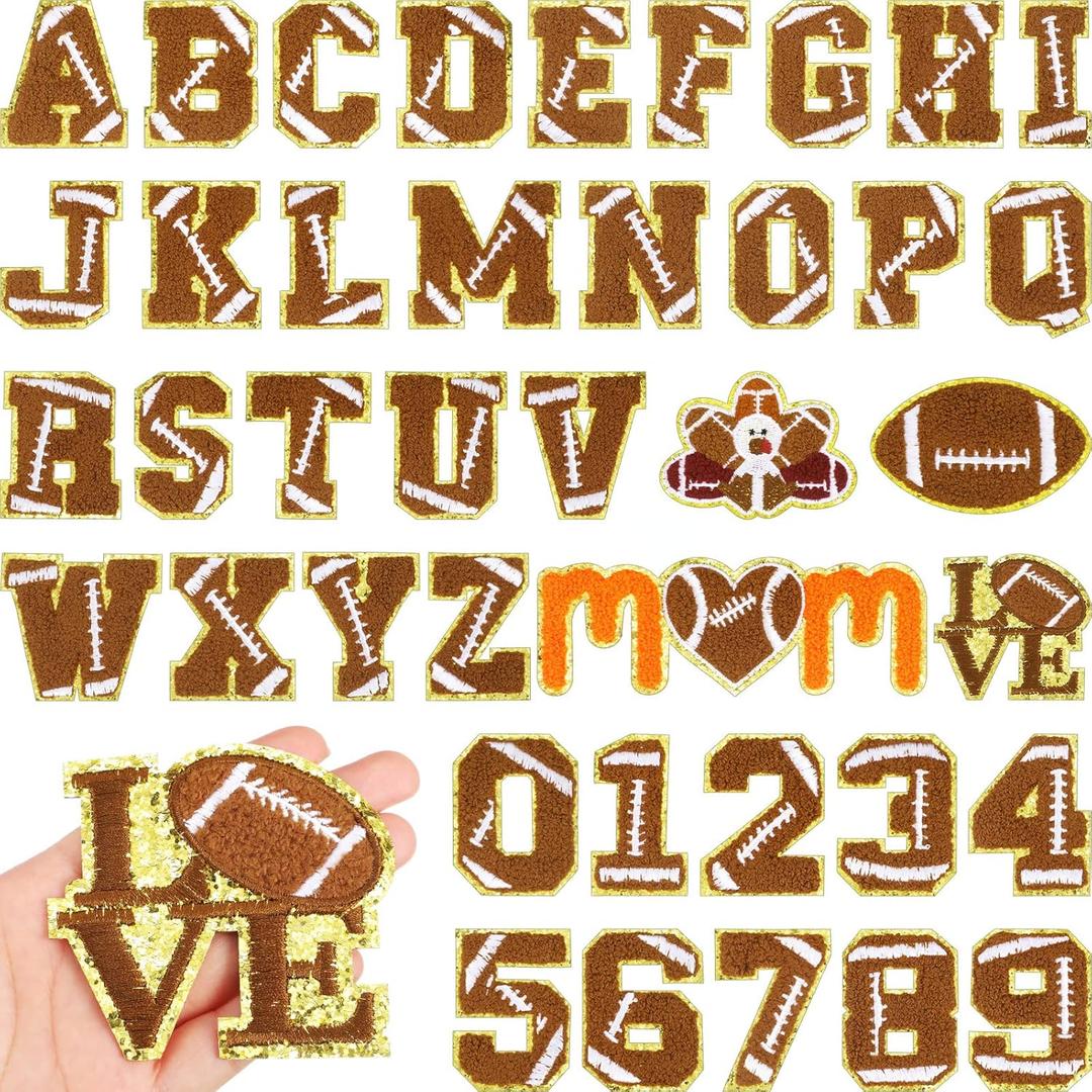 Chunyin 40 Pcs Football Iron on Patches Chenille Embroidered Sports Game Day Self Adhesive Applique Sew DIY Iron on Letter Number Patches for Clothing Repair Hat Jeans Pants Backpacks Bowl Party Gift