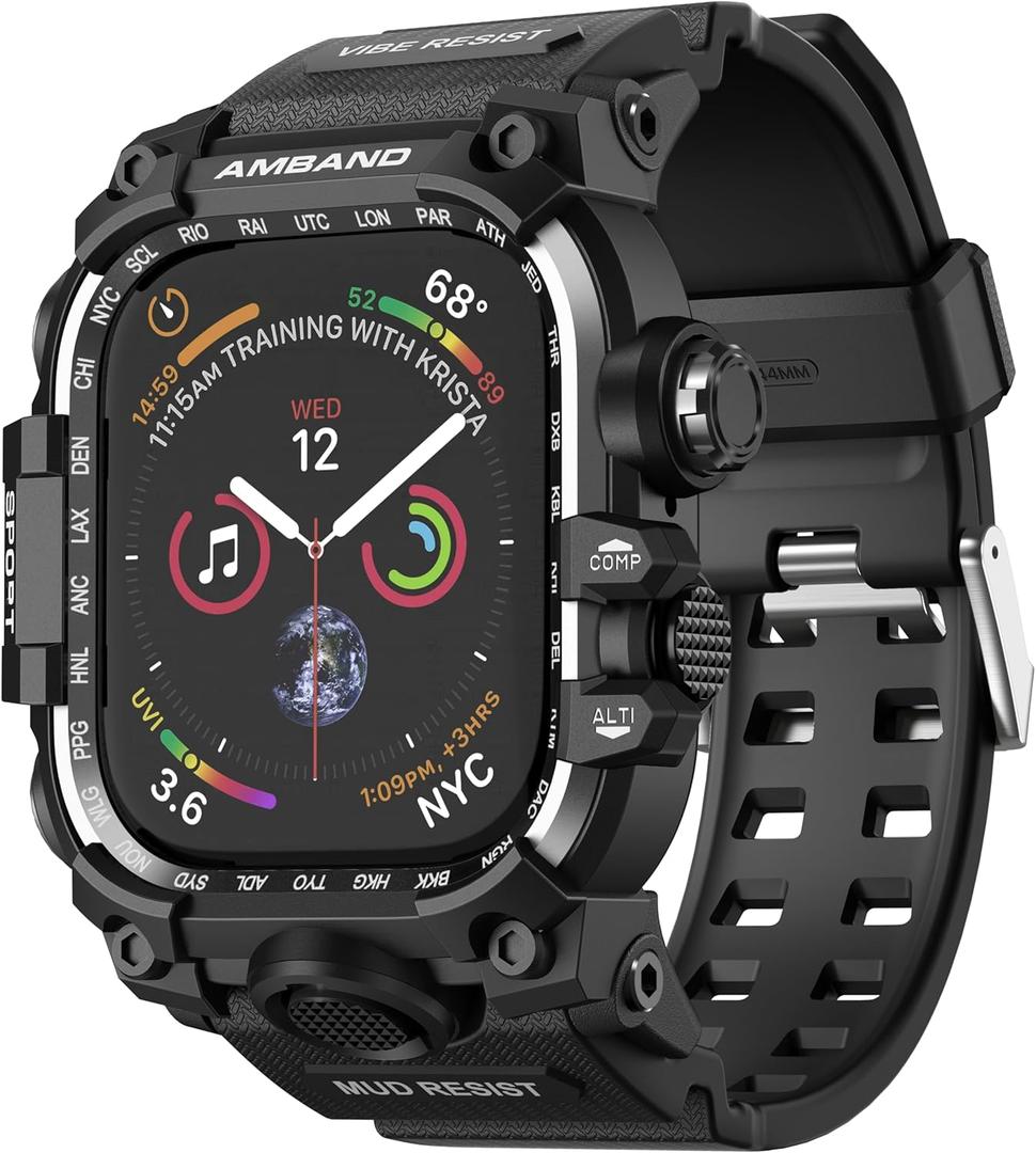 amBand Rugged Case with Band for Apple Watch 44mm, Compatible with iWatch Series SE 3/SE 2nd Generation/SE/6/5/4, Military Grade Shockproof Bumper Cover, Tactical Band for Men, Matte Black