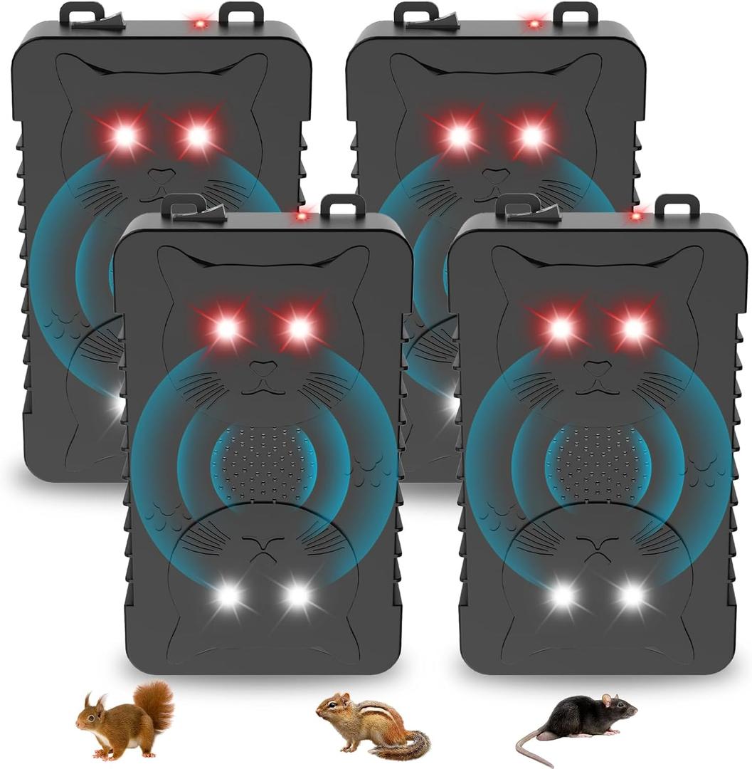4Pack Ultrasonic Rodent Repellent for Car Engines, Under Hood Ultrasonic Mouse Repellent with 4 LED Strobe Lights, Plug-in&Battery Powered, Keep Rats, Mice, Squirrels Away from Vehicles, RVs, Garages, Attics