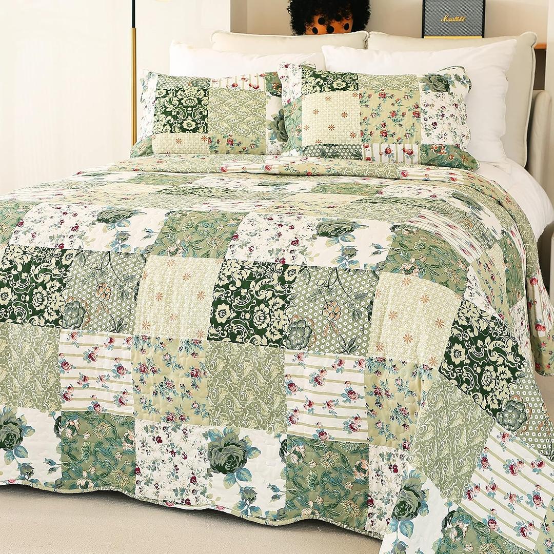 Cmfshape Summer Floral King Quilted Bedspread,Romantic Green Quilt Set King,Reversible Stitched Bedding Set All Season,Soft Lightweight Coverlet with Pillow Cases (Green&White, King102 x90)