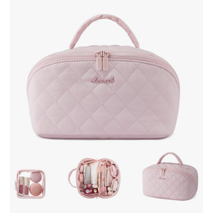 LOVEVOOK Travel Makeup Bag for Women, 2Pcs Puffer Waterproof Cosmetic Organizer, Large Capacity Pouch Open Flat Small Toiletry Bag with Brush Compartment & Handle (Pink, Large)