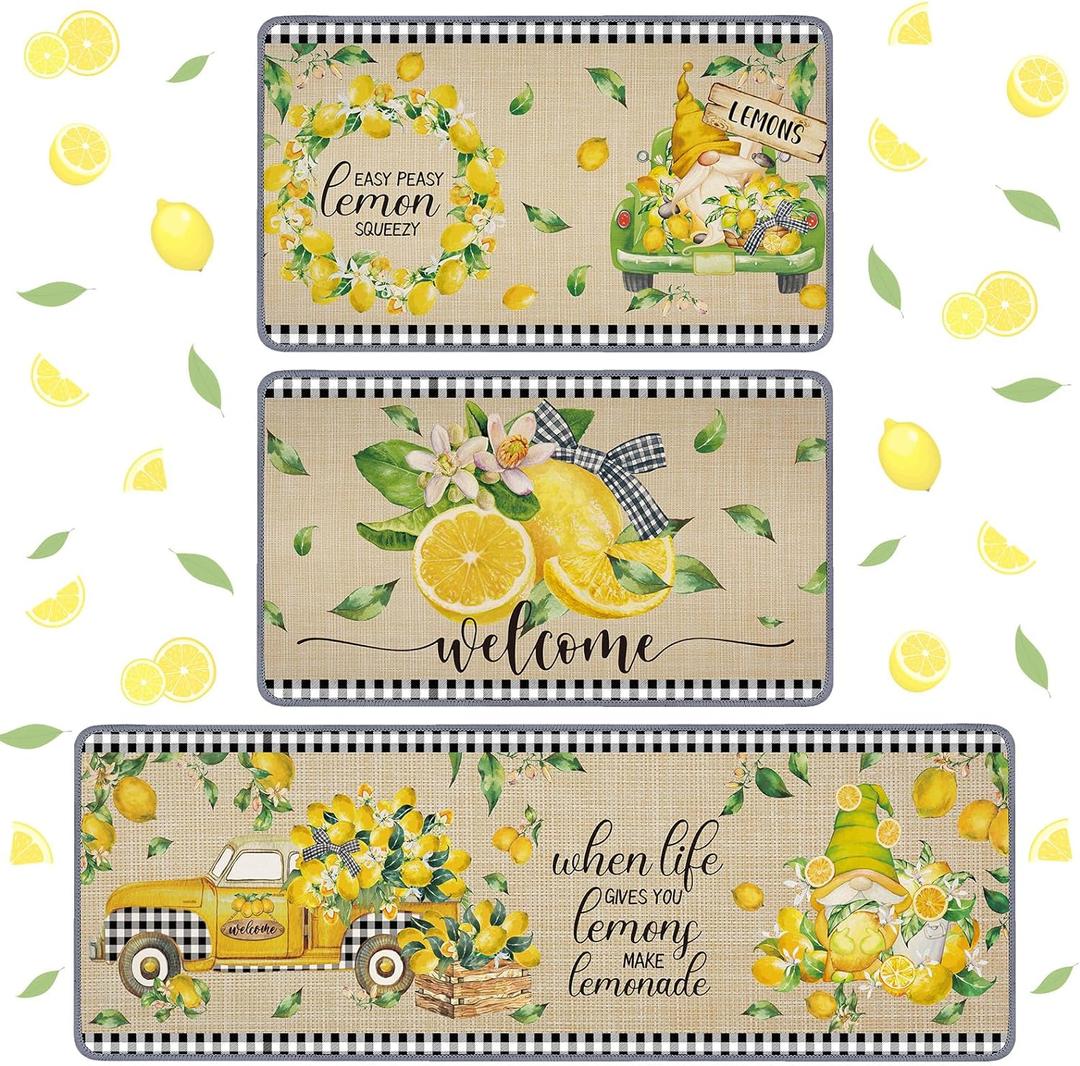 Timgle 3 Pcs Lemon Kitchen Rugs Gnomes Rug Retro Style Non Slip Kitchen Print Standing Mat Washable Floor Comfortable Mat for Home Office Sink 17 x 29 Inch 17 x 47 Inch