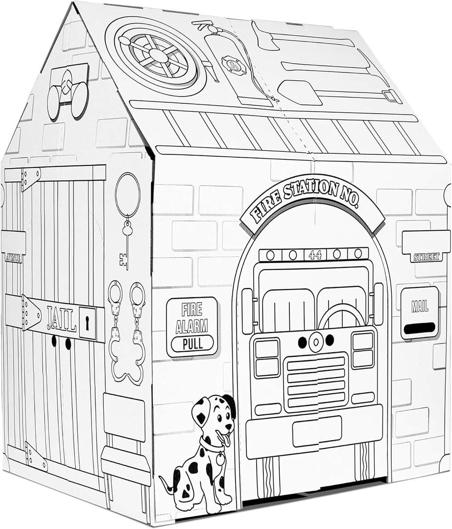 Easy Playhouse Police and Fire Station - Kids Art & Craft for Indoor & Outdoor Fun Decorate & Personalize The Cardboard Fort, 32" X 26. 5" X 40. 5" - Made in USA, Age 3+ , White, 32inchesX26.5inchesX40.5inches