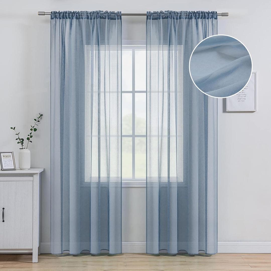 MIULEE Dusty Blue Linen Textured Sheer Curtain for Bedroom/Living Room Semi Transparent Voile Drapes Farmhouse Window Net Panels with Rod Pocket Light Blue 2 Panels W 54 x L 96 inches Long