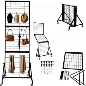 Foldable Grid Wall, Easy to Install Without Tools, Suitable for Supplier Retail, Art and Craft Display Scenarios. A Metal Grid Display Stand with Wheels and 20 Hooks, Measuring 6 Feet x 2 Feet.