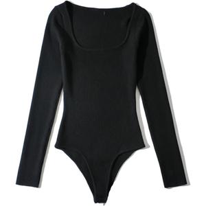 Women Solid Square Collar Bodysuits Long Sleeve Knits Jumpsuits Top Slim Business Bodysuits (One Size, Black)
