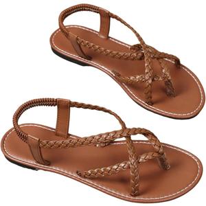 Verdusa Women's Flat Sandals Strappy Dressy Ankle Strap Casual Summer Thong Sandals for Beach Brown 7.5