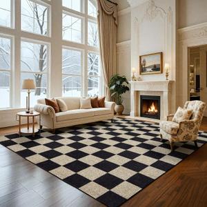 Washable Rug 8x10 Checkered Rug, Black and White Area Rug, Boho Large Rugs for Living Room, Low Pile Lightweight Indoor Carpet with Non-Slip Backing for Bedroom Classroom Playroom Kids