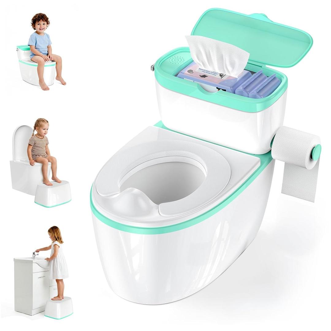 3-in-1 Toddler Potty Training Toilet with Flushing Sound, Wipes Storage & Toilet Paper Holder, Realistic Potty Chair with Detachable Seat and Easy-Clean Design for Boys & Girls Ages 18+ Months (Green)