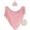 Large Jersey Knitted Swaddle Blanket for Baby, Soft Stretchy Receiving Blanket for Newborns with Hat, Baby Nursery Swaddle 47 x 47 inches(Rose)