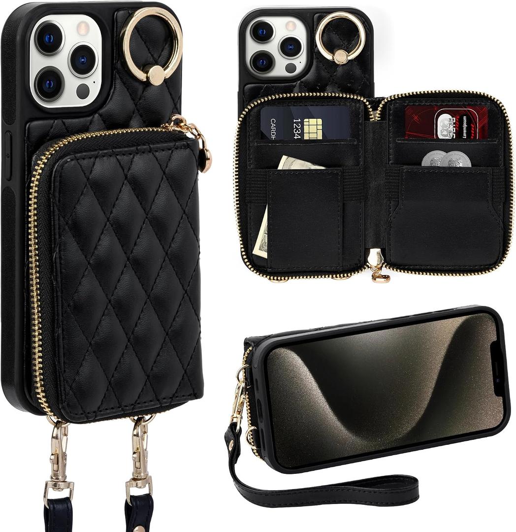 Case for iPhone 12 Pro/iPhone 12 6.1'' Wallet Case, Crossbody Zipper Purse Handbag Wristlet for Women, RFID Blocking Card Holders, Ring Kickstand Flip Leather Cover for iPhone 12/12 Pro, Black