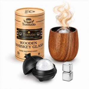 Charred Wooden Bourbon Drinking Glass Set,USA Design 11oz Handcrafted Premium Acacia Whiskey Tumbler, 2 Stones & 1 Ice Ball Molds,Charred Old Fashioned Glass,Unique Bourbon Gifts for (1 Pack Charred)