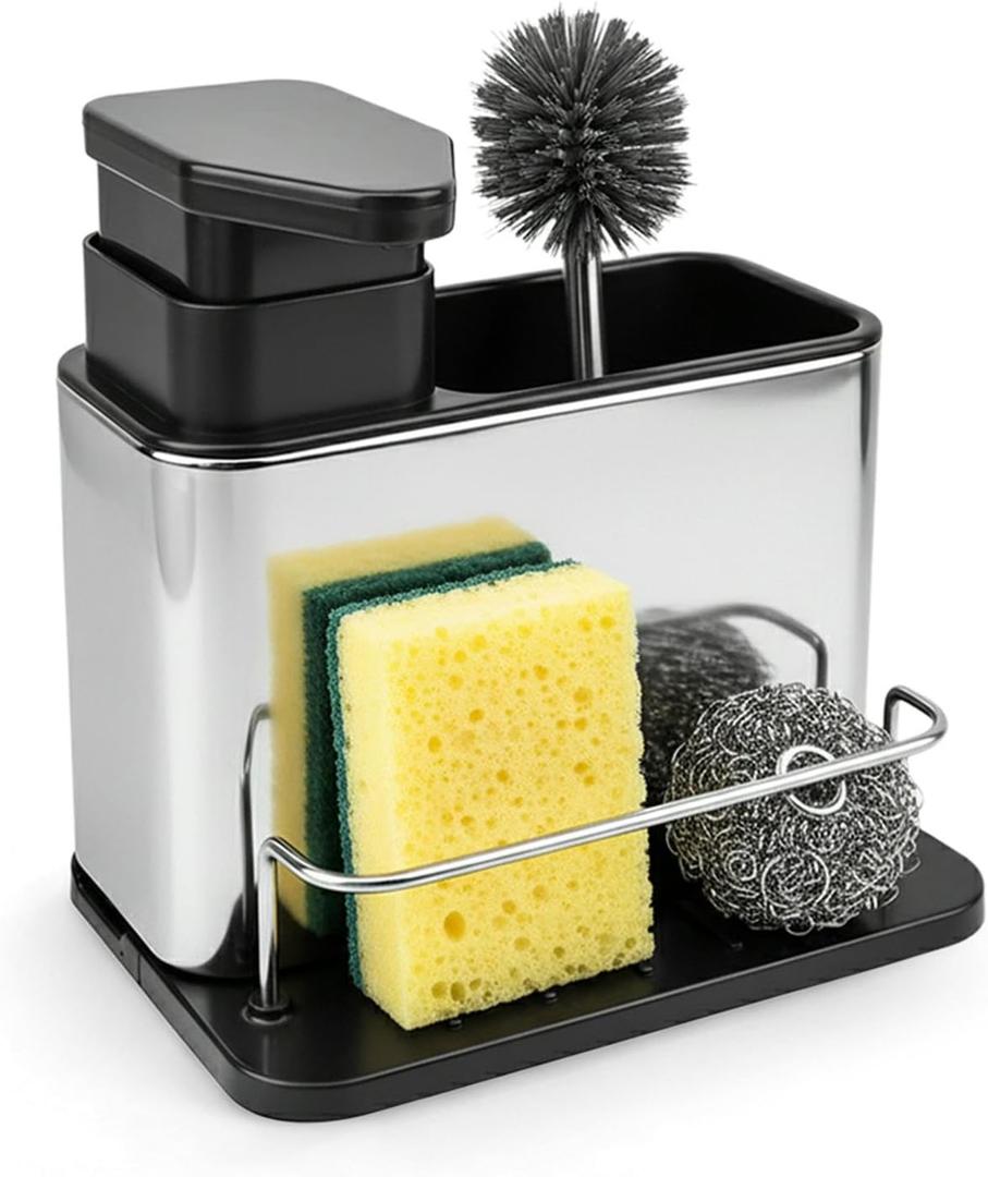 Soap Dispenser for Kitchen Sink, Stainless Steel 3-in-1 Sponge Holder for Kitchen Sink, Dish Soap Dispenser with Sponge Holder Rustproof Dishwashing Brush Holders