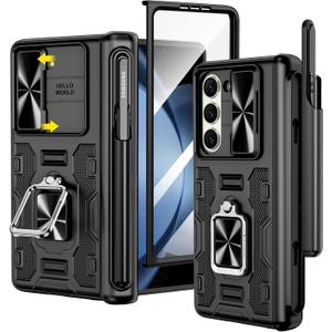 VEGO for Galaxy Z Fold 5 Case with S Pen Holder, [Hinge Protection][360°Ring Magnetic Kickstand][Slide Camera Cover][Front Screen Protector] Protective Case for Samsung Z Fold 5 5G - Midnight Black