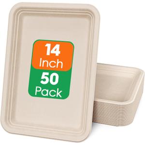 ECOLipak 50 Pack 14 Inch Disposable Food Crawfish Trays, Compostable Large Paper Plates, Disposable Thanksgiving Trays for Serving Food, Turkey, BBQ, Seafood Boil Party Supplies(Nature)