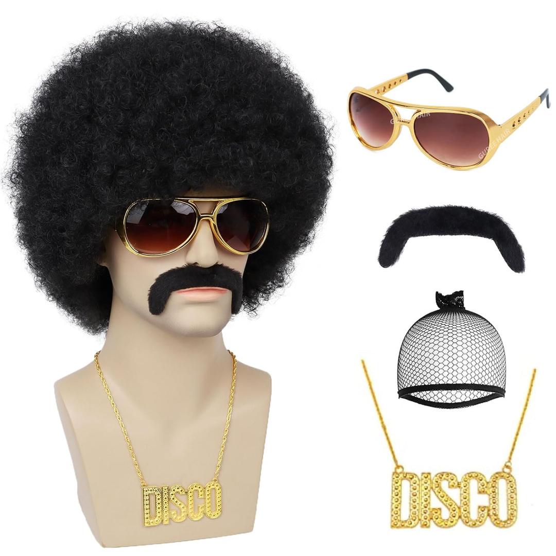 Men's Afro Wig for 70s Disco Party, 5pcs (Wig+ Glasses+ Necklace+ Mustache+ Wig Cap) 70s Outfits Costume for Cosplay Halloween Christmas Party (Black+Accessories)
