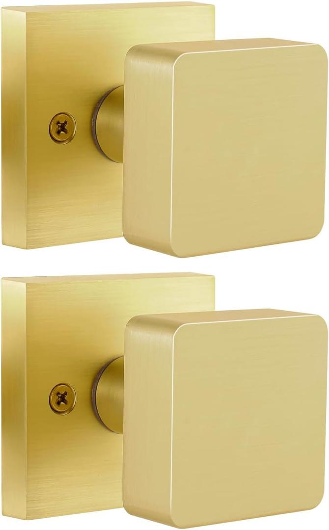 2 Pack Gold Dummy Door Knob, Brushed Gold Door Knobs Interior for Closet, Heavy Duty Square Satin Brass Door Knob Modern Dummy Door Handle