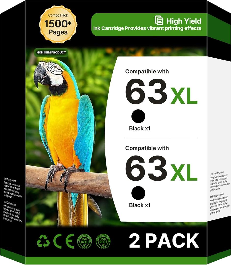 63XL Black Ink Cartridge (2-pack) High-yield for HP Ink 63 63XL HP63 XL Combo Pack Works for DeskJet 1112, 2130, 3630 Series; ENVY 4510, 4520 Series; OfficeJet 3830, 4650, 5200 Series Printer F6U62AN