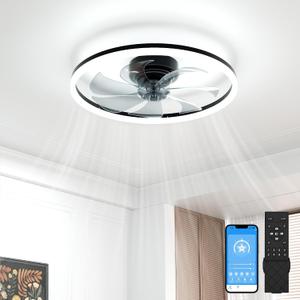 VOLISUN Low Profile Ceiling Fans with Light and Remote, 20in Fandelier Ceiling Fan with Lights, 3000K-6500K Dimmable Flush Mount LED Fan Light, Black Bladeless Ceiling Fans with Lights for Bedroom