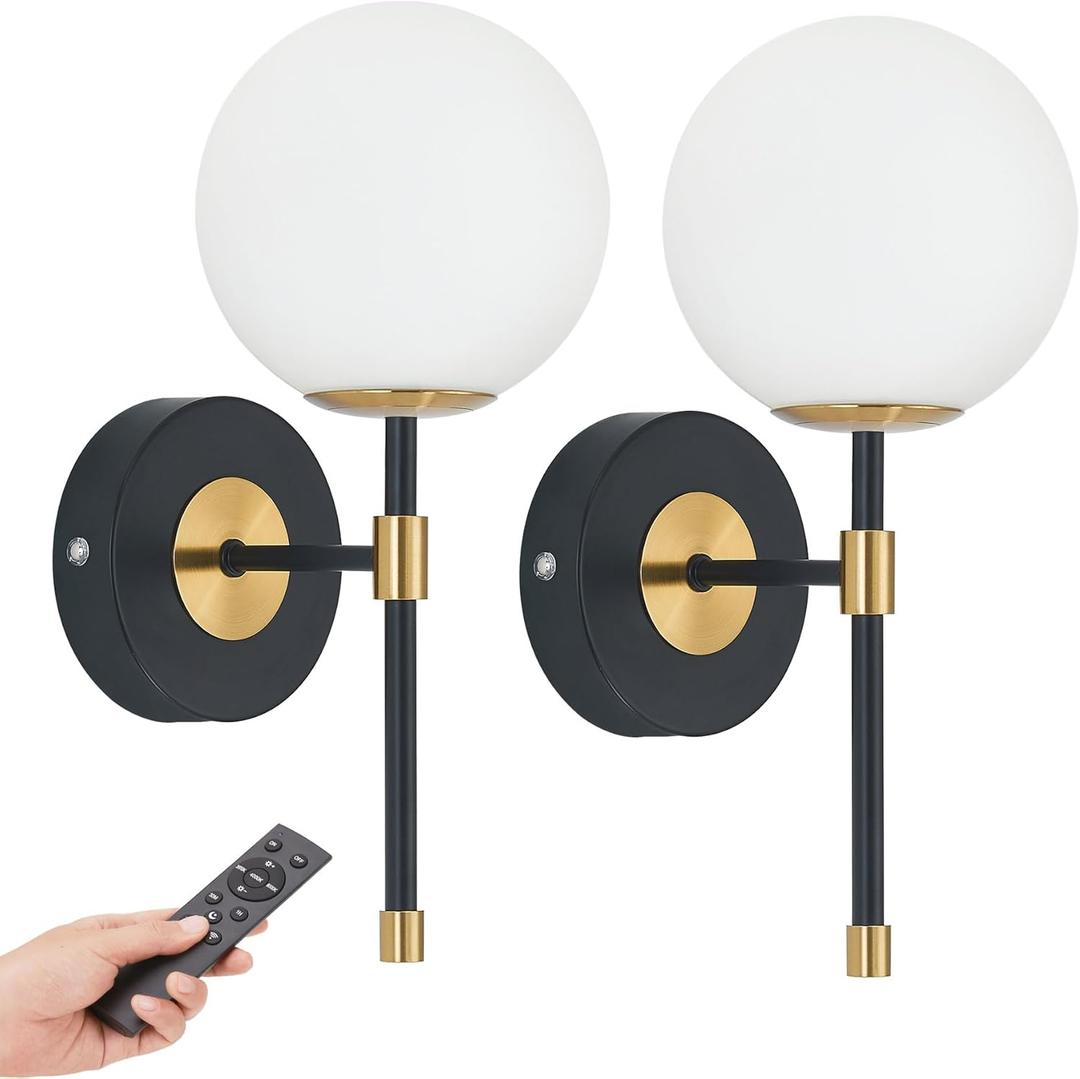 Battery Operated Globe Wall Sconces Set of 2, Black & Gold Wireless Wall Lights with Remote Control, Rechargeable 3 Color Stepless Dimming Modern Wall Decor Lamp for Bedroom Living Room Hallway (Straight Tube)
