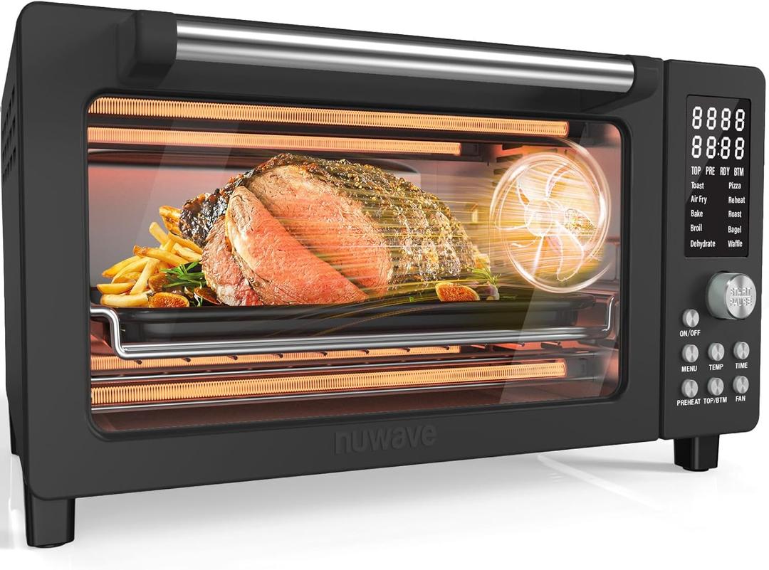 Nuwave Bravo Pro Smart Air Fryer Toaster Oven Combo, Airfryer Convection Oven Countertop, 10-in-1 Functions with Quicker & Even Crisp Technology, 1800W, 50-450°F, PFAS-Free, 21QT, Black, 21qt Capacity