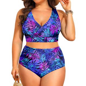 Tempt Me Plus Size High Waisted Bikini - Women Two Piece Swimsuit Tummy Control Bathing Suit 2025 Swimwear (Blue Leaves)