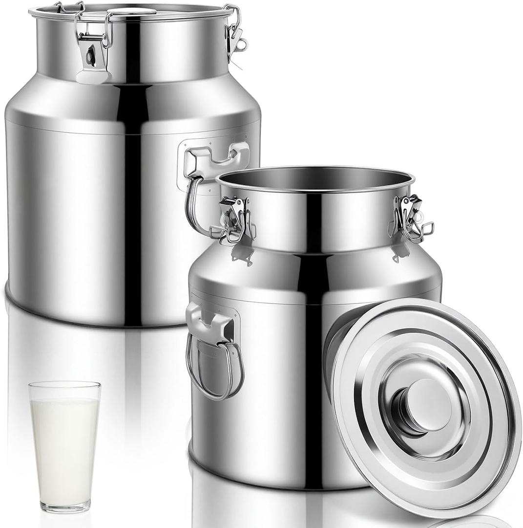 FillTouch 2 Pcs Stainless Steel Milk Can 22L/ 5.81 Gallon Heavy Duty Metal Milk Water Dispenser Container Pail Jug with Locking Sealed Lid Food Wine Oil Storage Container for Home Farm Kitchen (EXP 12/31/27)