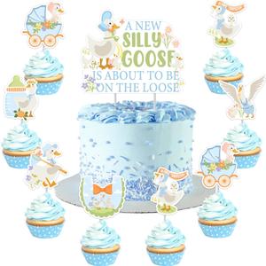 Silly Goose Cupcake Toppers Goose Cake Toppers 25pcs Blue A New Silly Goose Is About To Be On The Loose Cake Topper Set Floral Farm Animal Baby Shower Cake Decor for Geese Flower Gender Reveal Party