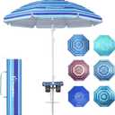 Grandekor 7FT Beach Umbrellas for Sand Heavy Duty Wind Portable Beach Umbrella with Table Travel Beach Umbrella with Carry Bag Sun Umbrella Beach, UV 50+ (Blue&White)