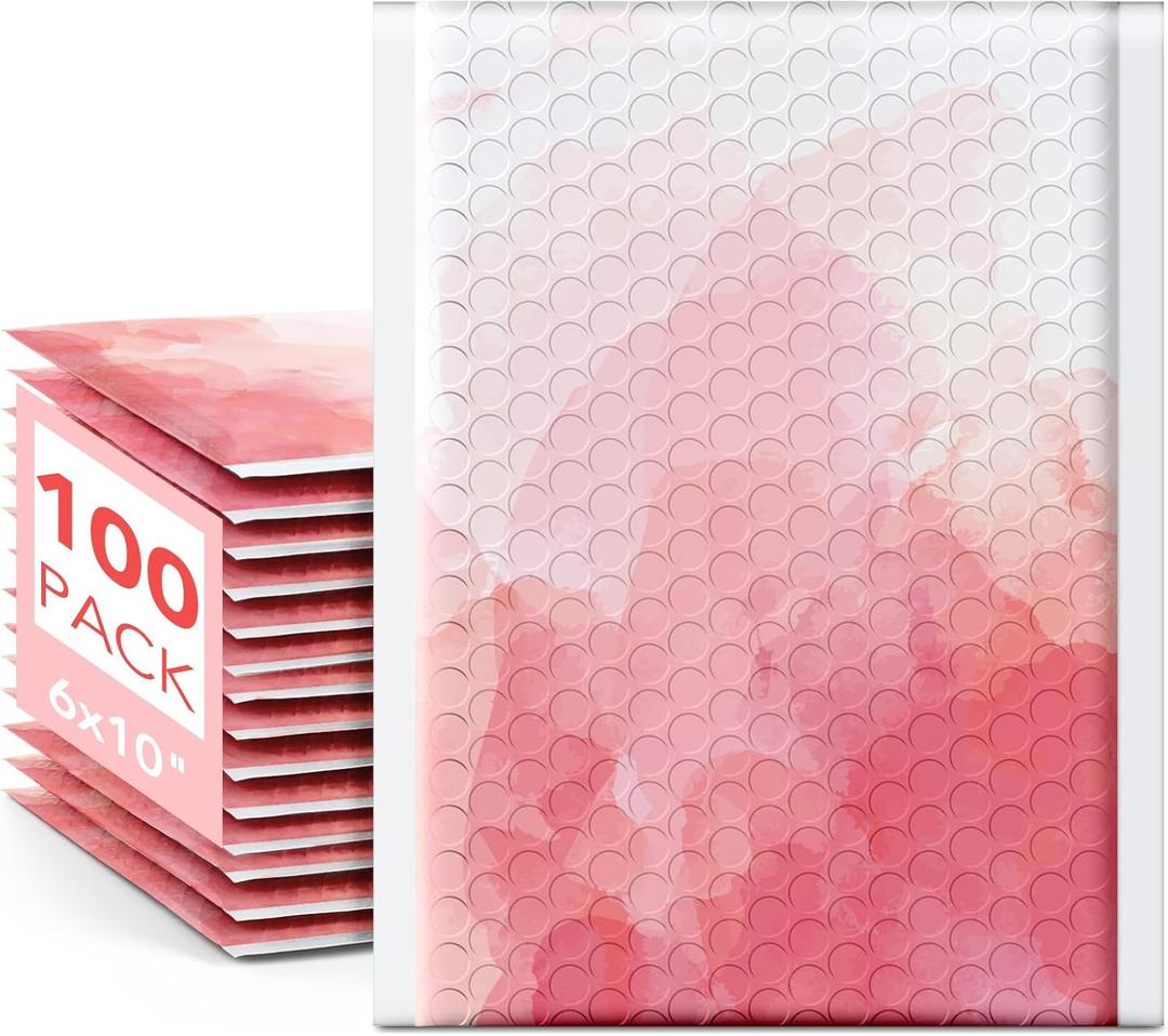 Fuxury Bubble Mailers 6x10" Pink Watercolor Padded Envelopes 100 Pack Usable Size 6x9" Bubble Envelopes Strong Adhesion Padded Mailers Thick Waterproof Shipping Envelops for Mailing Jewelry Makeup #0
