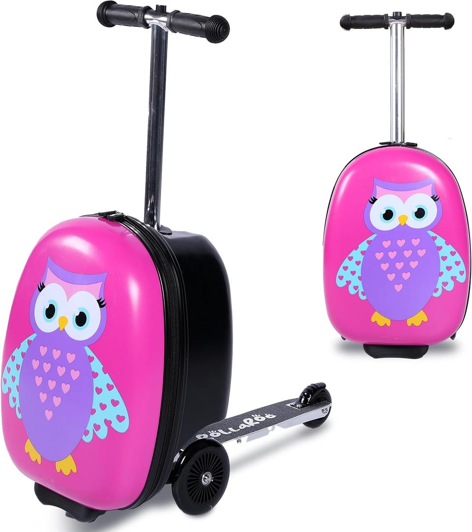 Owl Kids Scooter Suitcase - Folding Kids Luggage with Wheels - Multifunctional Ride on Luggage Travel suitcase with Strong Grip, Easy Locks and Zippers  Capacity to Hold 110LB