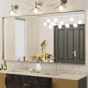 LOAAO 72"X36" Gold Bathroom Mirror, Rounded Rectangle Gold Frame Mirror, Brushed Gold Bathroom Vanity Mirror Wall-Mounted, Anti-Rust, Tempered Glass, Hangs Horizontally or Vertically