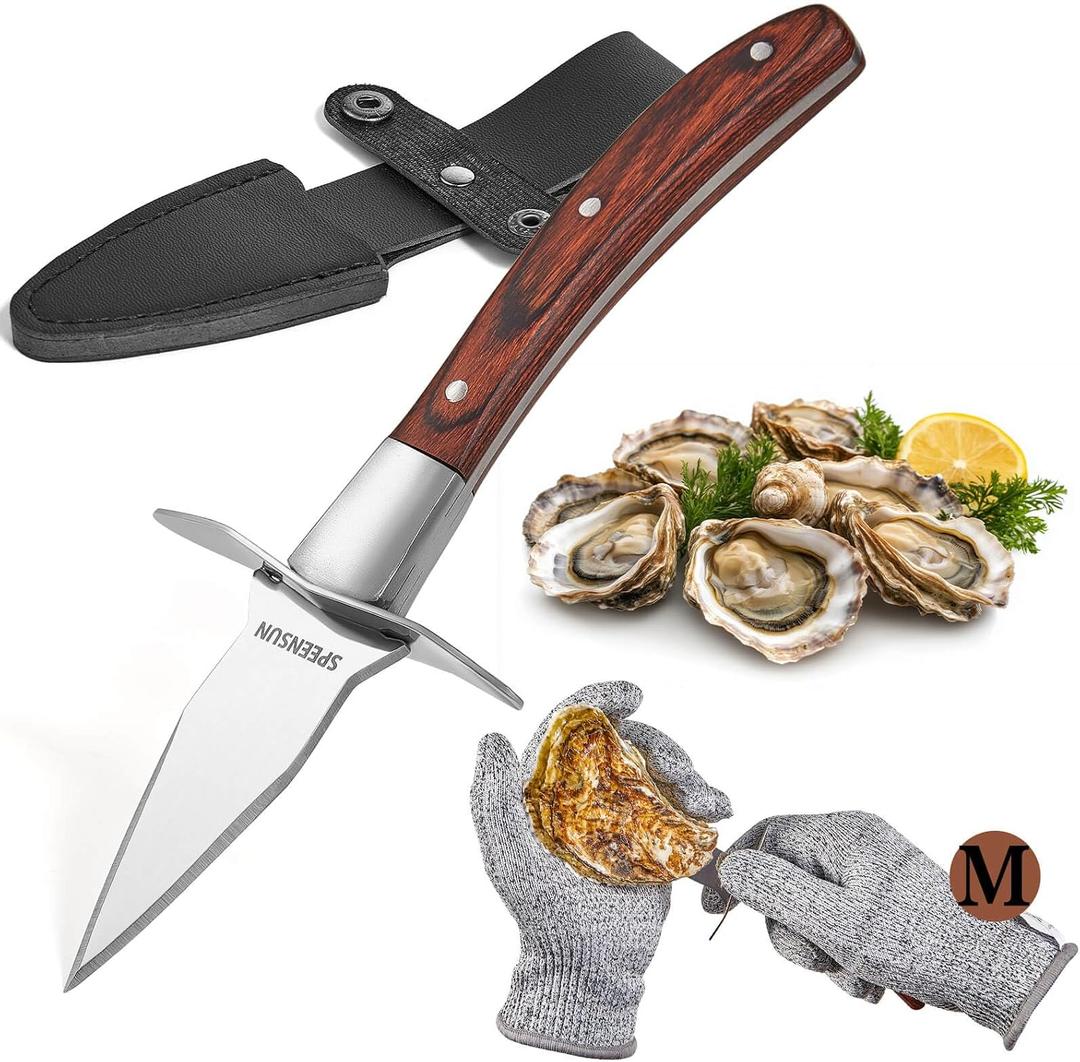 Oyster Knife,Oyster Shucking Kit, Oyster Shucking Knife With Comfort Wood-handle,Sturdy And Sharpness Oyster Knives,Oyster Shucker With 5 leve Protection Cut-resistant Glove(M)