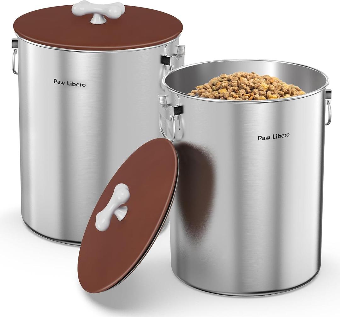 Paw Libero 2PK 25 Lbs Stainless Steel Dog Food Storage Container with Airtight Lid & Ceramic Bone Handle, Large Metal Dog Food Bin for Dogs & Cats, Keep Fresh, Easy to Clean
