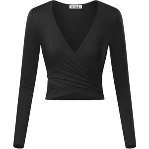 VETIOR Women's Sexy Deep V Neck Short Sleeve Unique Slim Fit Cross Wrap Shirts Crop Tops Going Out Tops (Large, Black-2) VETIOR Women's Sexy Deep V Neck Short Sleeve Unique Slim Fit Cross Wrap Shirts Crop Tops Going Out Tops (Large, Black-2)