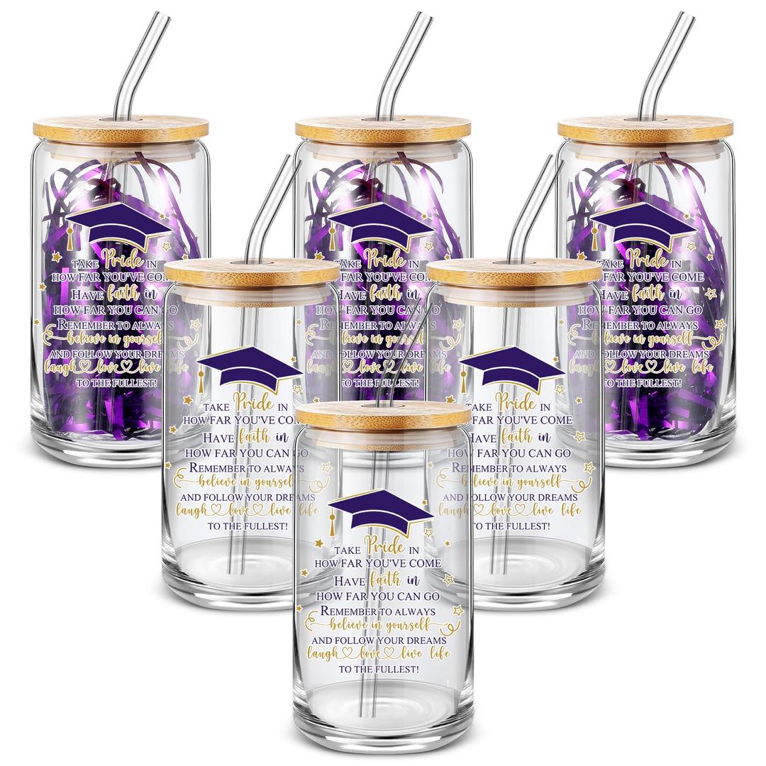 FoldTier 6 Pcs Graduation Gifts Glass Cup Class of 2026 Bulk 16 oz Drinking Cup with Lid and Straw College Her Him Graduate Gift Coffee Cup for Teen High School Grad Party Favor (Purple)