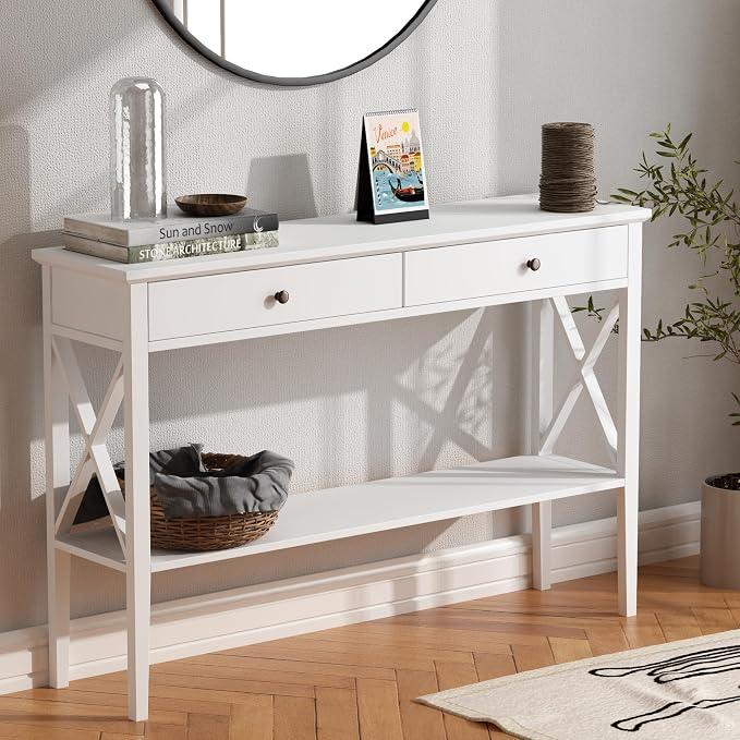 ChooChoo 47" Console Table with Drawers, Narrow Wood Accent Sofa Table Entryway Table with Storage Shelf for Entryway, Front Hall, Hallway, Living Room, White, 11.81"D x 47.24"W x 31.5"H