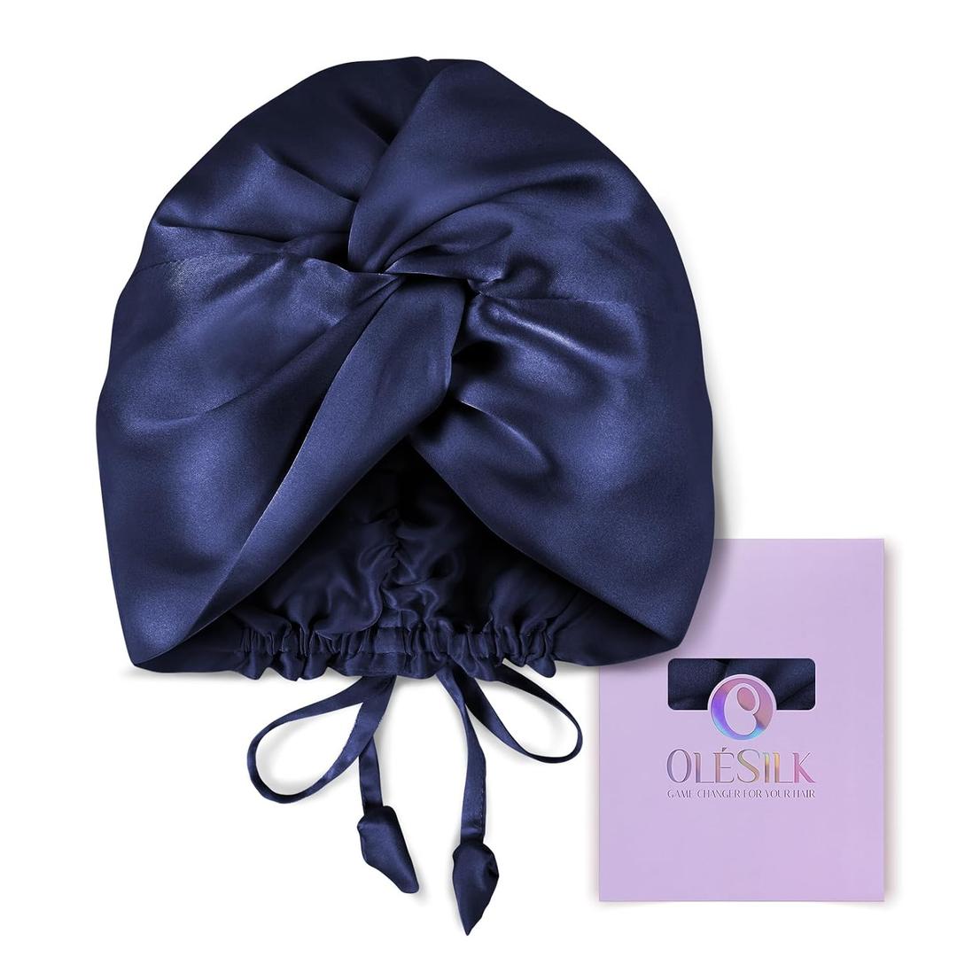 OLESILK Silk Bonnet for Sleeping Women: 100% Mulberry 22 Momme Silk, Adjustable Fit for Night Hair Care, No Frizz for Curls, Dark Blue (One Size)