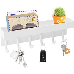 VIS'V Key Holder Wall Mount, Compact Adhesive Key Rack with Tray, 6 Hooks, 2 Mount Options, White