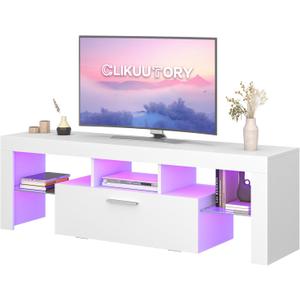 Clikuutory Modern Lighting 51 inch TV Stand with Large Storage Drawer for 32 40 50 55 Inch TVs, TV Console with 20 Color LED Lights, Entertainment Center Media and Open Shelf for Bedroom, White